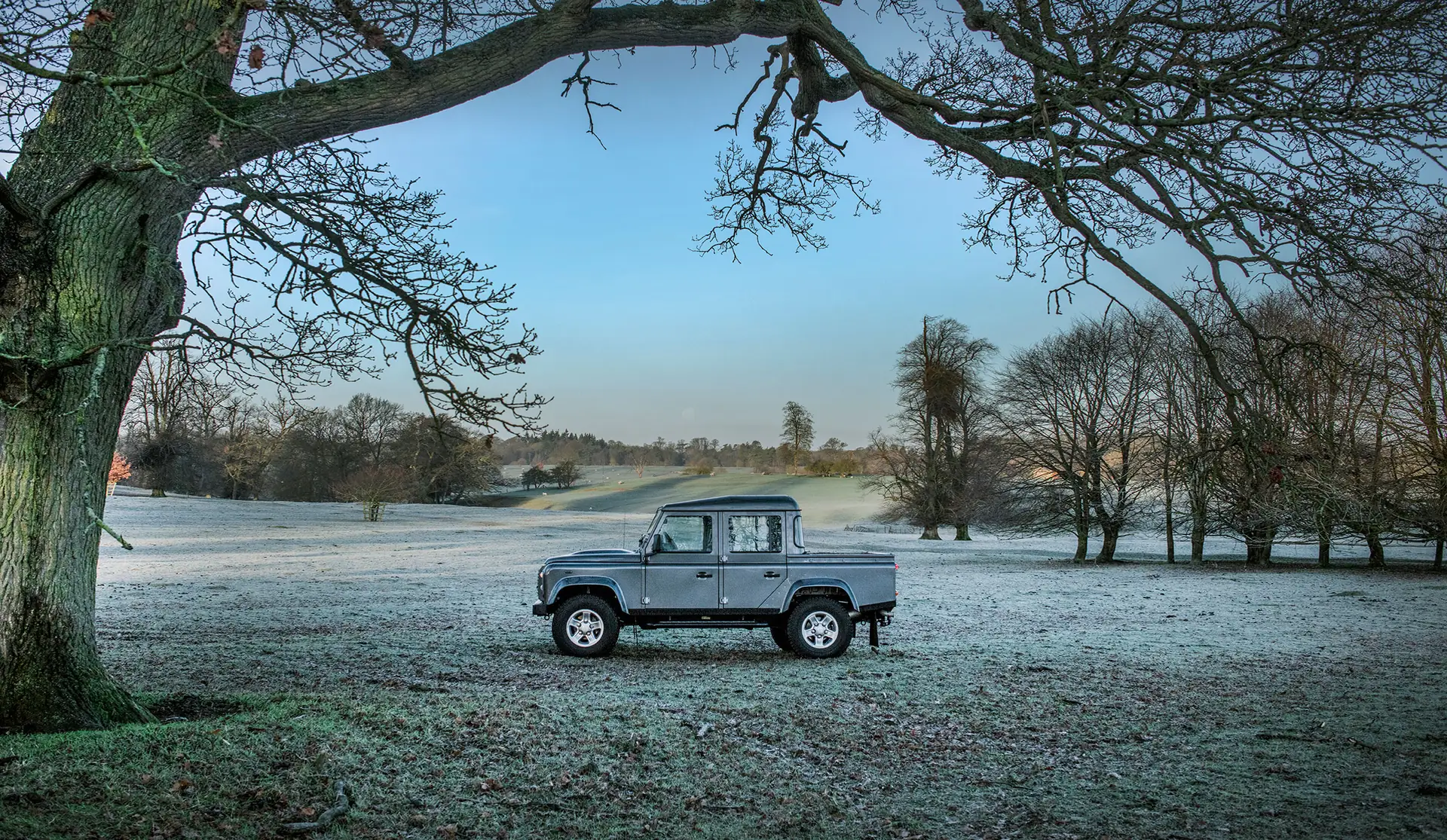A Land Rover Defender 110 double cab in a frosty parkland field under an oak tree