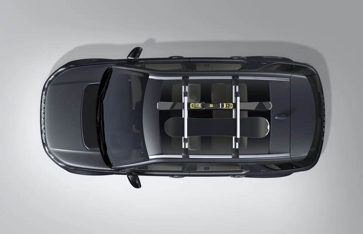 A genuine Land Rover roof-mounted ski and snowboard carrier on a Discovery Sport, seen from above