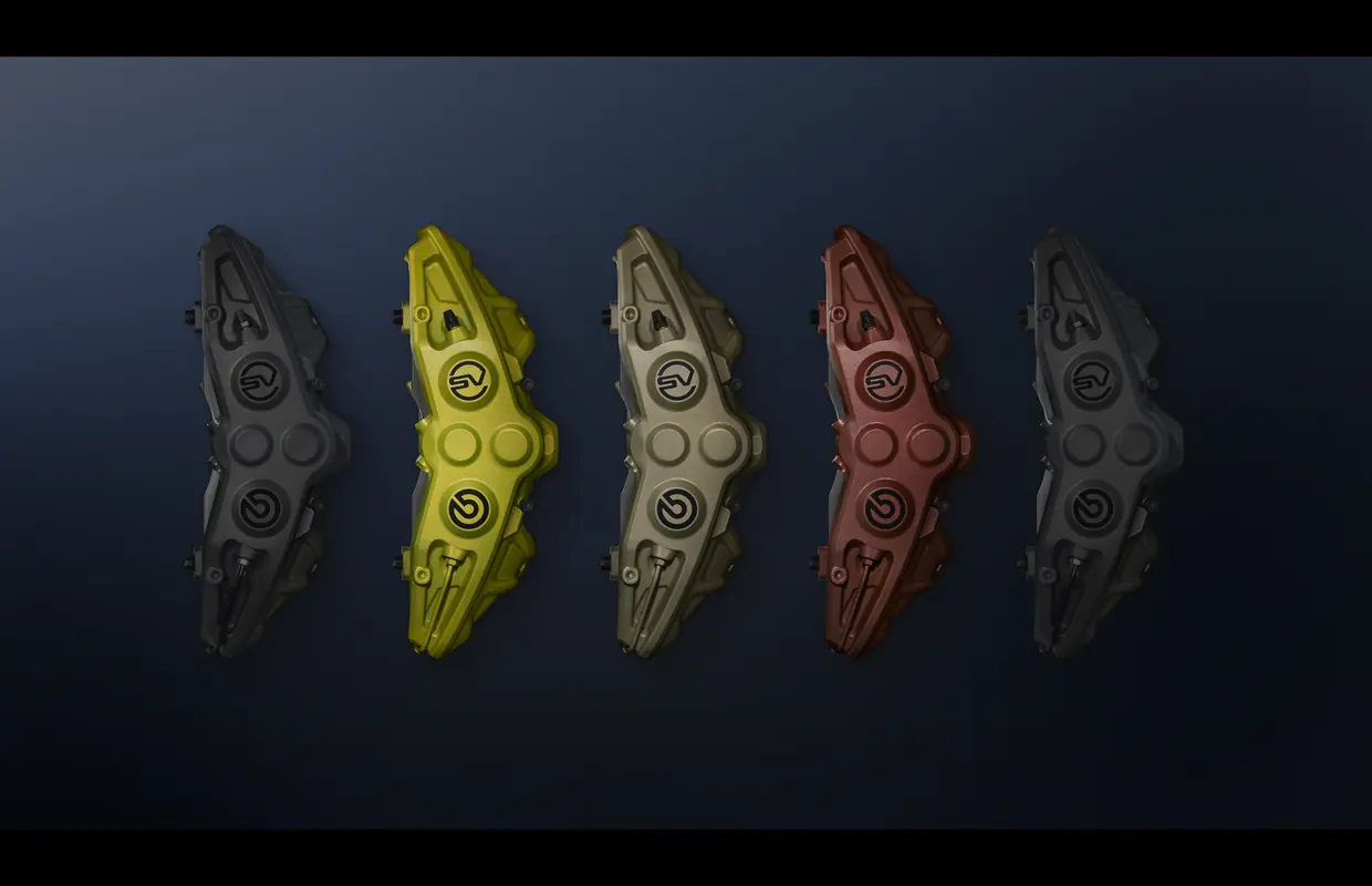 A row of genuine Range Rover SV brake calipers in five colour finishes